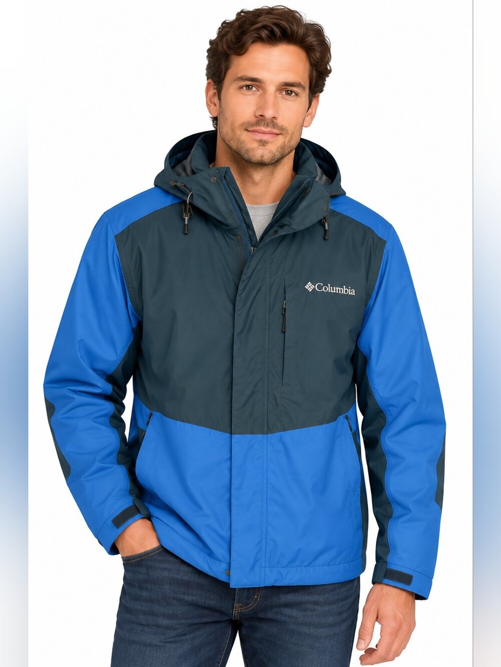 Columbia Interchange Blue Hooded Winter Ski Coat Jacket Men M Omni Tech Waterpro